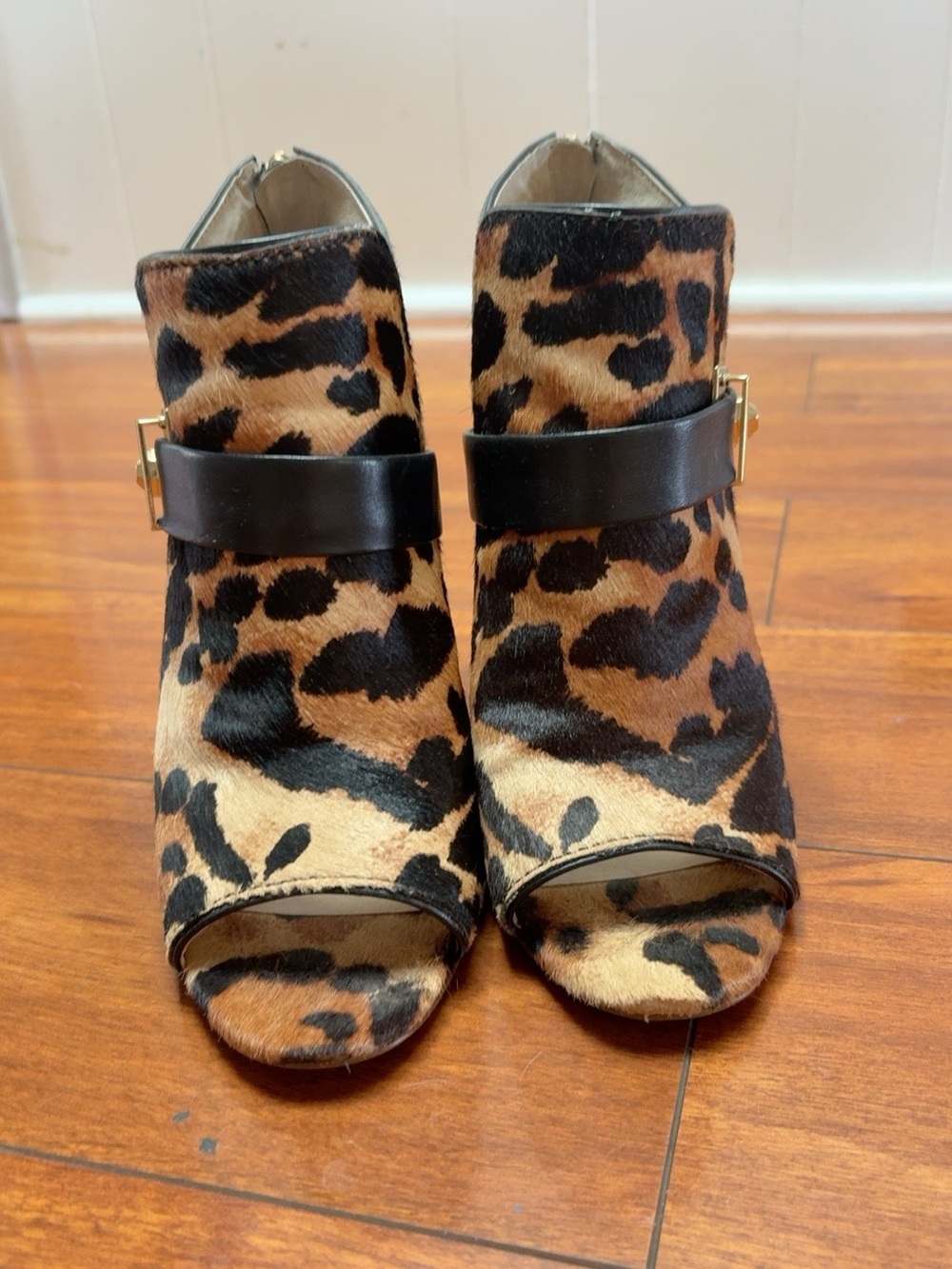 Louise et Cie Leopard Print Peep-Toe Ankle Booties with Black Strap